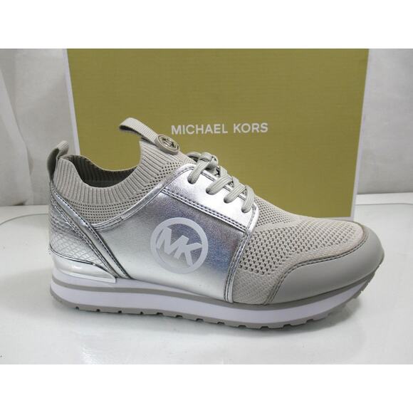 Michael Kors Dash Knit Trainer Sneakers Metallic Stretch Knit Silver